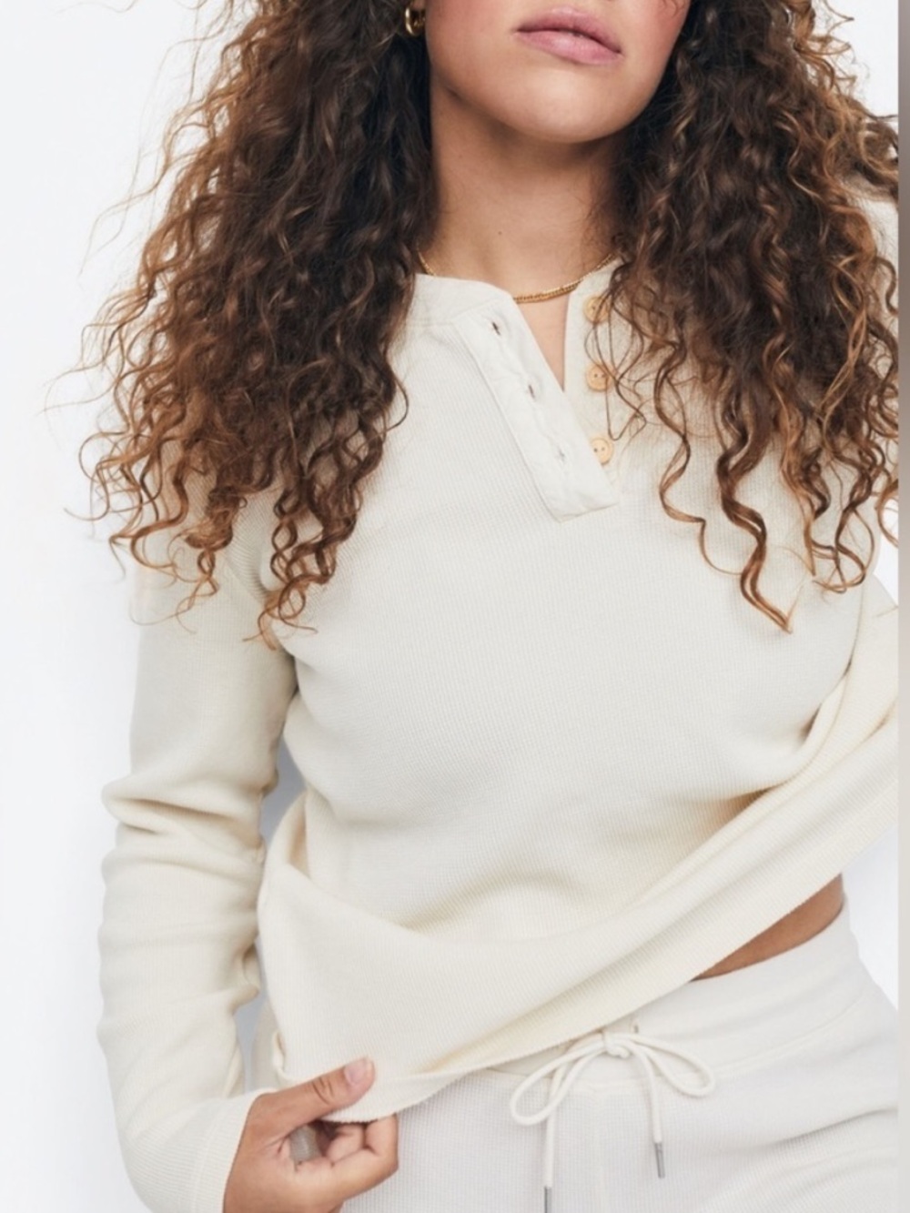 Mate the Label Harper Henley Top Thermal Oranic Waffle Knit Crew Bone White M - Picture 5 of 14